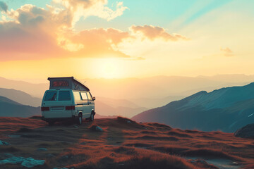 Fototapeta na wymiar Beautiful nature landscape and campervan. Motorhome, road trip, travel and vacation concept