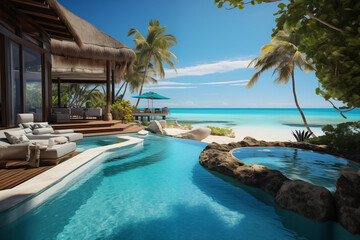 Outdoor swimming pool in luxury tropical beachfront resort. Summer, holiday and relaxiation concept