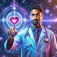 Medicine doctor and stethoscope touching icon heart and diagnostics analysis medical on modern virtual screen interface network connection. Medical technology diagnostics of heart concept