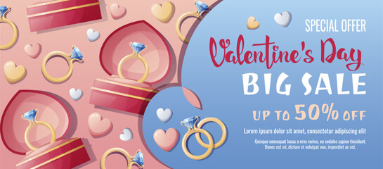 Valentine's day sale banner. Background, poster, flyer with an engagement ring in a box with hearts. Discount voucher template for love day, wedding. - obrazy, fototapety, plakaty