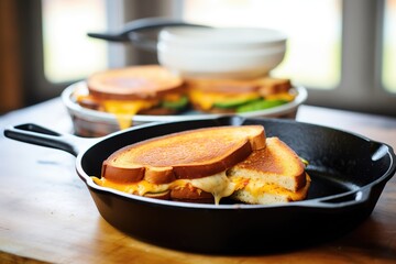 pair of grilled cheese sandwiches in a cast iron skillet