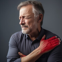 Senior businessman in pain, suffering from arthritis in the shoulder joint, holding a red spot. ai generative