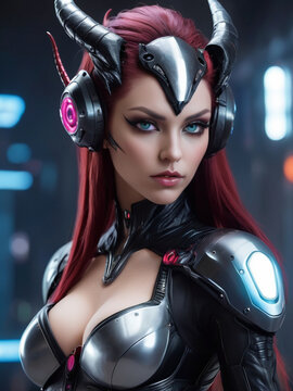 photography of a Sexy Succubus in a high-tech suit, futuristic cyberpunk style. ai generative