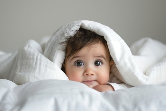 Middle Eastern Baby Peeking Out from White Bedding