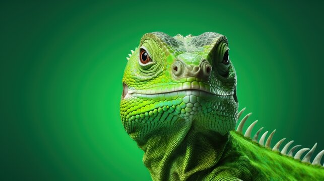 Portrait green serious lizard isolated on green background. AI generated image