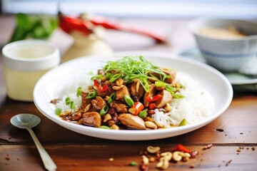 kung pao chicken over white rice on a plate