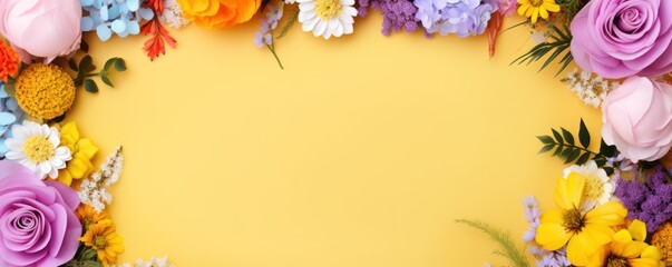 Fototapeta na wymiar Frame with colorful flowers on yellow background