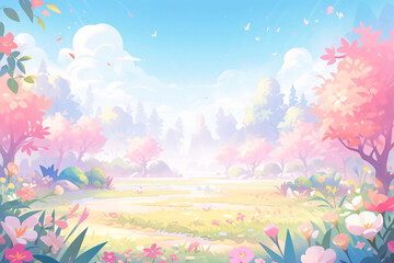 Cartoon spring outing and green plant scenery illustration, Beginning of Spring concept scene illustration