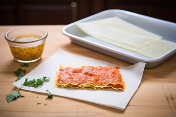 Fototapeta na wymiar raw lasagna sheets beside a bowl of bolognese sauce