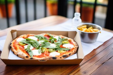 margherita pizza in a take-out box ready for delivery