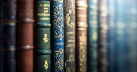 Old books close-up. Title of the book is printed on the spine, book cover. Tiled Bookshelf...