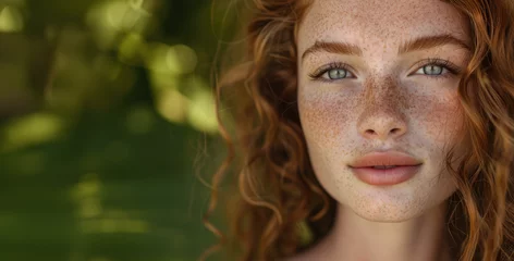 Foto op Plexiglas  close up of young caucasian woman in nature with freckles and pale skin blue eyes in magazine editorial look with leafs herbal greenery looking at camera for natural beauty skincare spa commercial © MaryAnn