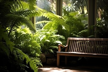 Ferns in a shaded garden with a wooden bench. - obrazy, fototapety, plakaty