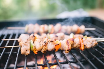 chicken souvlaki skewers on grill with char marks