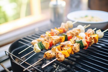 chicken souvlaki skewers on grill with char marks