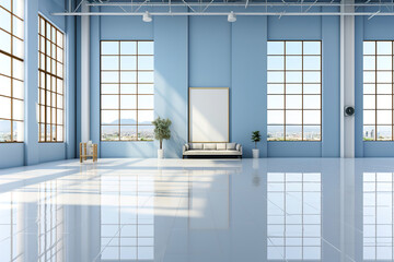 An empty bright large blue room with big windows. Clean interior background.