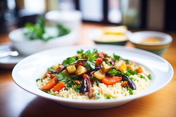 couscous with roasted vegetables and a sprig of parsley