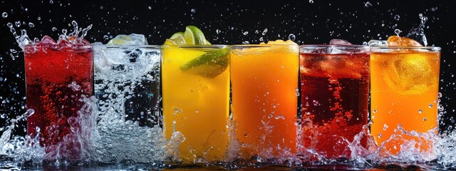 Soft drinks, water and splashes on black background