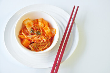 Top view of Korean Kimchi Bowl on White Background
