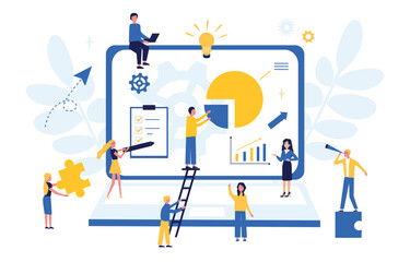 Business concept. Flat illustration. Teamwork, collaboration, partnership. Businessmen working together and moving towards success. Office workers studying infographics, evolutionary scale analysis. - obrazy, fototapety, plakaty