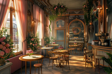 Fototapeta na wymiar Cozy café adorned with floral arrangements and motifs