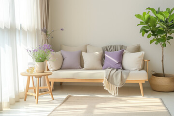 design for cozy modern living room, soft colors. Nice modern french design for a room, catalogue. Beige and lavender. Furniture store.