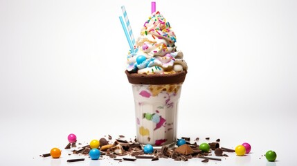 colorful fast food dessert,overloaded milkshake with sweets and toppings isolated on white