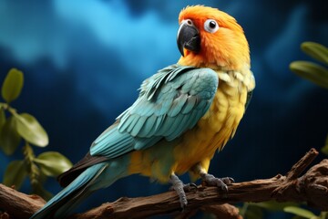 D Render of a Turquoise Fischer's Lovebird, on an isolated Denim Blue background, Generative AI  - obrazy, fototapety, plakaty