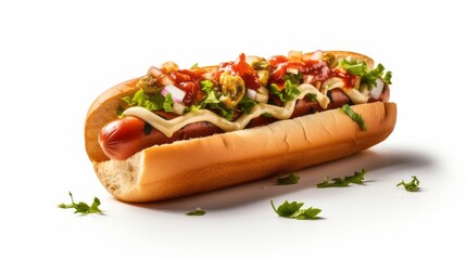 hotdog a popular fast food garnished with  toppings and sauces isolated on white