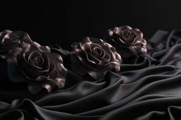 Stunning 3D roses on black cloth with elegant waves and space for text. Generative AI