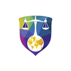 International tribunal and Supreme court logo concept. Scales on globe icon design.