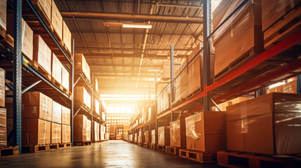 Retail warehouse full of shelves with goods in cardboard boxes, with pallets. Logistics and transport. Product distribution center. Selective focus.