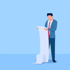 person standing reading a long paper, a metaphor for terms and conditions. Simple flat conceptual illustration.