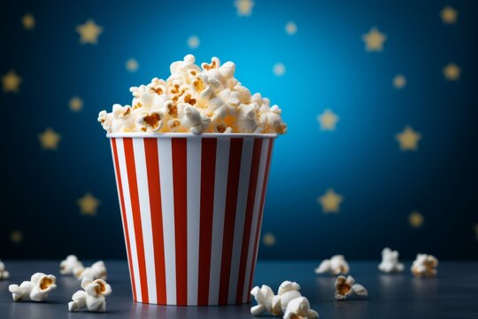 3D Render of a Cardboard Popcorn Box, on an isolated Movie Night Blue background, Generative AI