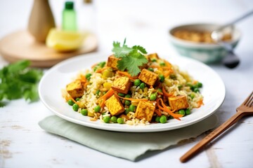 vegetarian nasi goreng with tofu and green peas, health-conscious