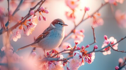 Obraz premium A small sparrow bird on a branch of a flowering tree. The beginning of spring and rebirth. Dawn light, Pastel pink flowers