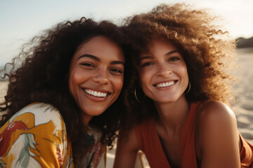 Fototapeta premium Happy Friends Enjoying Outdoors: Two Young Beautiful Females Smiling and Laughing, Embracing in the Park