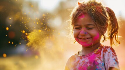 Portrait of a cute little girl playing with holi powder outdoors. Holi Celebration. Holi Concept. Indian Concept.