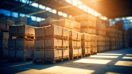 Large warehouse with many goods. Rows of shelves with boxes. Logistics. Inventory control, order fulfillment or space optimization. Illustration for advertising, marketing or presentation.