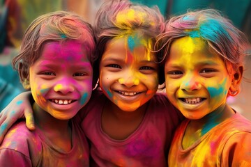 Portrait of a group of happy multicolored children in holi festival. Holi Celebration. Holi Concept. Indian Concept.