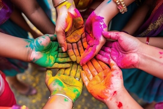 Group of Indian people showing hands in colorful holi color paint. Holi Celebration. Holi Concept. Indian Concept.