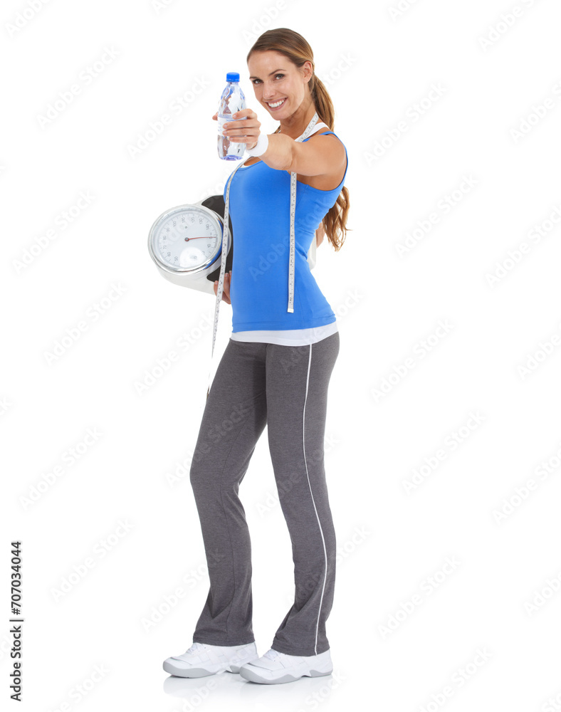 Wall mural Woman, water bottle and scale for health, nutrition and diet with exercise, workout or results in studio. Portrait of model with measure tape and liquid or offer for training on a white background