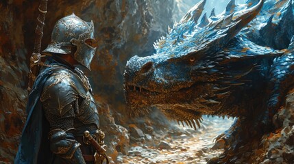 knight in ornate armor respectfully greeting a gigantic blue-and-silver dragon