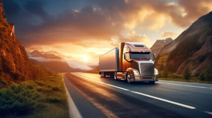 Long haul semi-truck on a deserted road at sunset. Road freight transport concept.