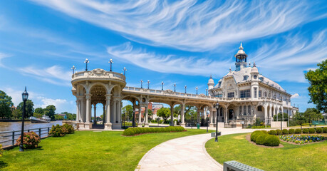 Panoramic View of Historic European Baroque Architecture in Landscaped Park with Elegant Arches and Statues