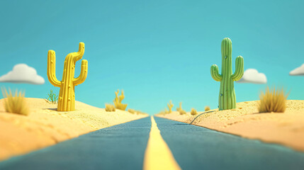 Desert road and cactus background, road trip concept illustration