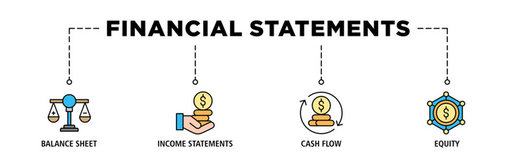 Financial statements banner web icon vector illustration concept with icon set of graph, balance sheet, pie chart, income statements, money, calculator, income, earning, cash flow, equity, and balance