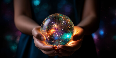 One woman holding a multi colored sphere in a dark studio Glowing blue sphere held by human hand.