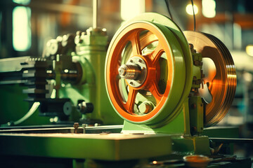 Fototapeta premium Photo of a detailed view of a mechanical device in operation. Modern metal processing at an industrial enterprise. Manufacturing of high-precision parts and mechanisms.