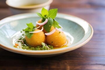 close-up of pani puri on a plate with mint leaves - obrazy, fototapety, plakaty